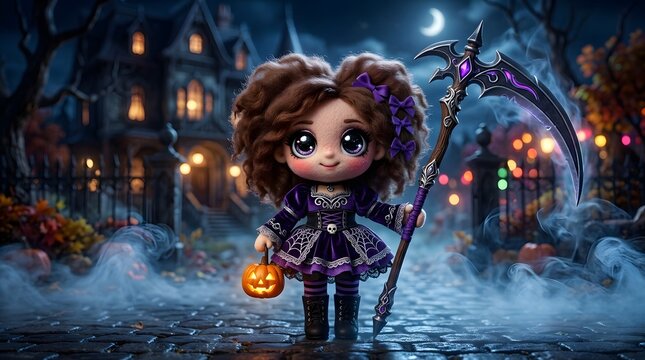 Cute cartoon halloween character in a spooky glowing night setting with perfect symmetry