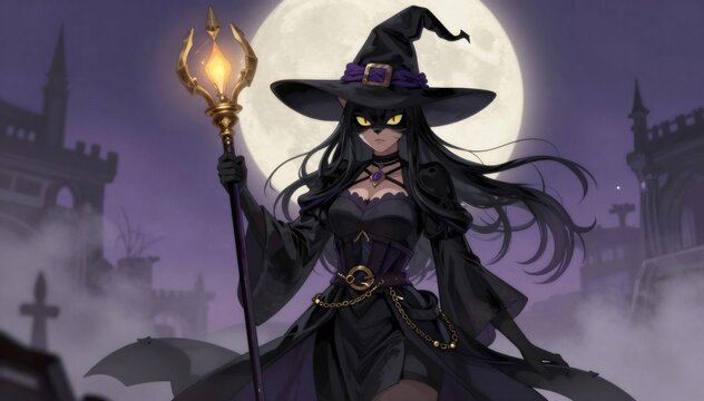 Cat witch holding glowing magic staff at night