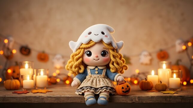 Cute cartoon halloween character in a spooky glowing night setting in high resolution