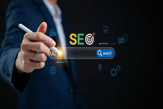 Businessman Using Stylus Pen to Search AI SEO Target Icon on Digital Search Bar Interface
