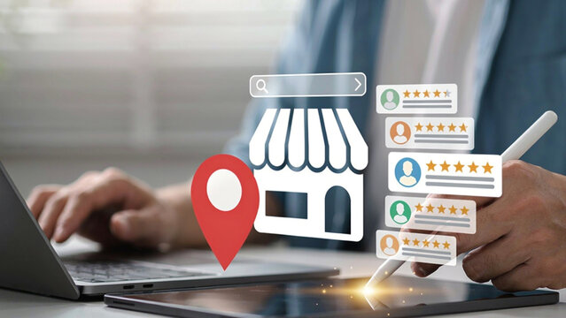 Businessman Managing Local Store SEO with Rating Review Stars and Map Location Pointer Icons