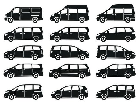 A collection of fifteen different black silhouette icons representing various types of modern passenger vans and commercial vehicles on a white background