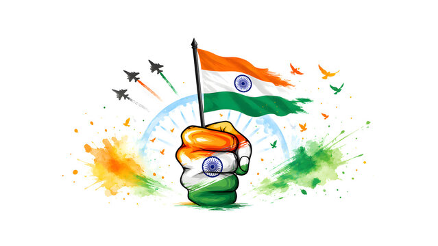 Patriotic Indian Hand Holding Tricolor Flag with Fighter Jets Air Show Illustration.