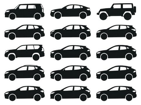 A collection of various car silhouettes showing different types of modern vehicles including suvs and crossovers isolated on a plain white background