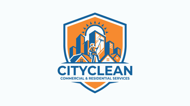 Professional Shield Logo Design for Commercial and Residential Cleaning Business with City Skyline