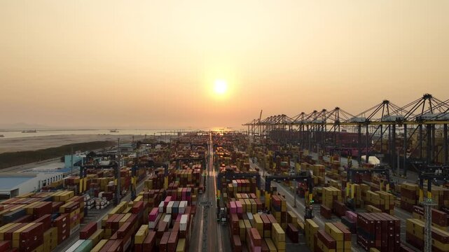 Aerial view Container cargo ship loading unloading container import export sea port, Global trade business container cargo ship freight shipping commercial trade logistic transportation international.