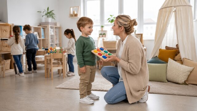 Preschool Teacher Helping Young Boy Learn with Colorful Stacking Rings