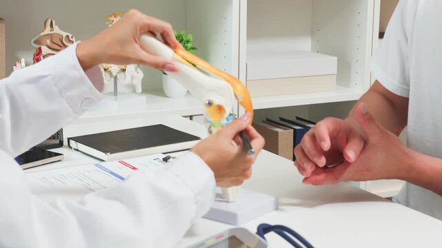 Doctor explains spinal structure to patient with model and X-ray. Hands gesture toward bone model and digital image. Patient listens attentively, showing engagement
