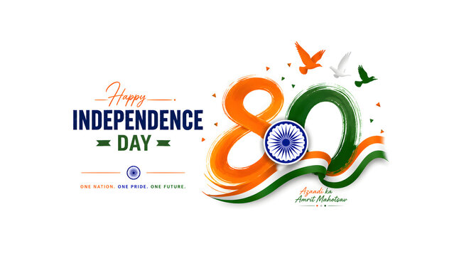 ​Indian Independence Day 80 Years Anniversary Background with Ashoka Chakra and Flying Birds.