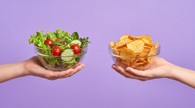 Hands holding fresh salad and potato chips. Choosing between healthy food and junk snacks.