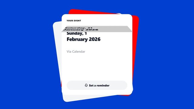 Calendar year 2026 flipping through months from January to December on blue background animation for scheduling and planning.