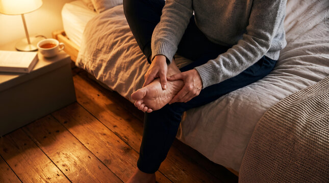Person sitting on a cozy bed massaging their bare foot sole to relieve sudden numbness symptoms
