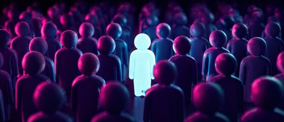 Obraz premium Glowing white human figure stands out in a large crowd of dark purple figures under blue and pink neon lighting