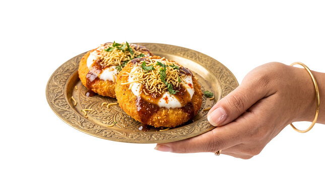 Traditional Aloo Tikki Chaat on brass plate, crispy potato patties with yogurt and chutney, authentic Indian street food snack isolated PNG with Transparent Background