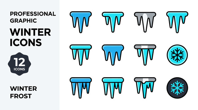 Collection of 12 Winter Frost Icons and Icicle Graphics
