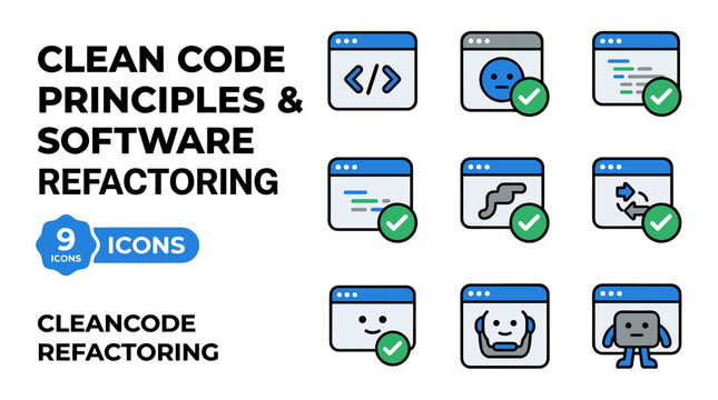 Clean Code Principles And Software Refactoring Icons Set