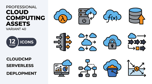 Cloud Computing Icons Set Featuring Servers Storage and Data Flow