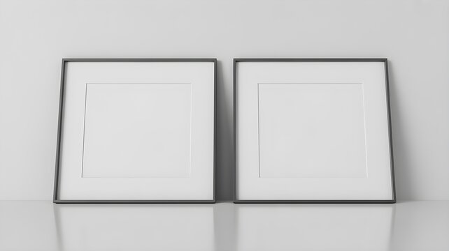 Two empty square picture frames with black borders standing on a reflective surface against a plain light gray wall
