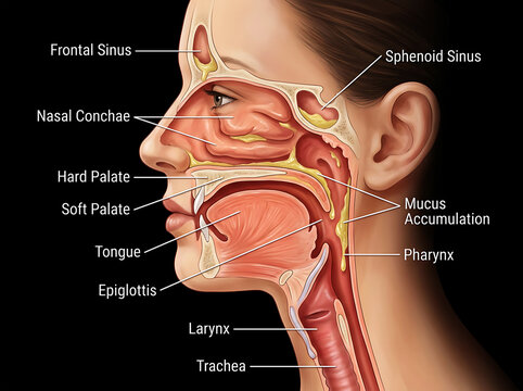 Cross-section of woman's head showing mucus in nasal passages
