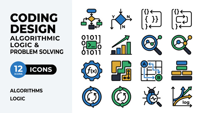 Coding Design Algorithmic Logic And Problem Solving Icons Collection