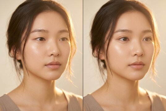 Asian woman before after double eyelid surgery horizontal diptych