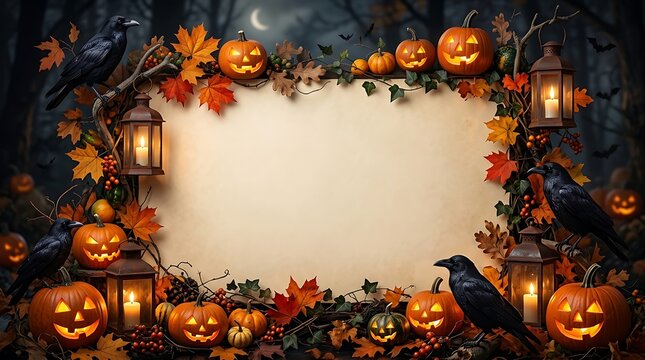 Festive halloween background featuring a blank parchment frame surrounded by glowing jack o lanterns autumn leaves and vintage lanterns in dark forest