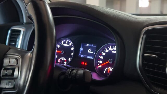 Vehicle idling in parking lot before departure. 4k