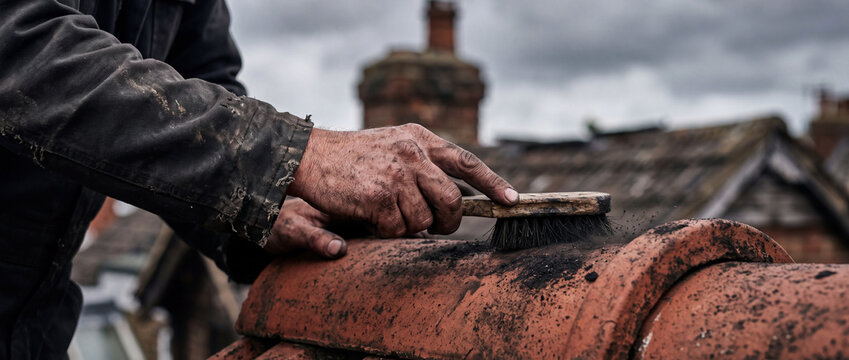 Chimney sweep cleaning rooftop tiles with wire brush hands working on old brick roof