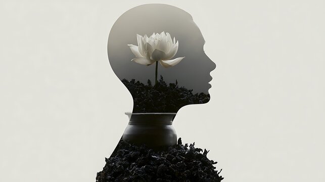 Prompt: An avant-garde minimalist surrealism conceptual portrait. A graceful graceful graceful profile, double-exposed with a dreamscape of an empty ceramic jar filled with a single pristine 