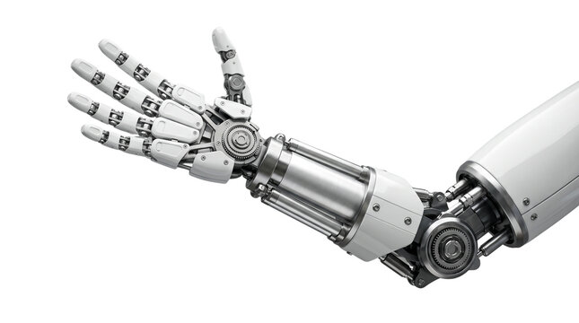 Futuristic Robotic Hand Reaching Out, Cybernetic Bionic Prosthetic Arm Isolated Cutout PNG Element for AI Technology Design