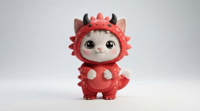 3D render of white kitten in red dragon suit.