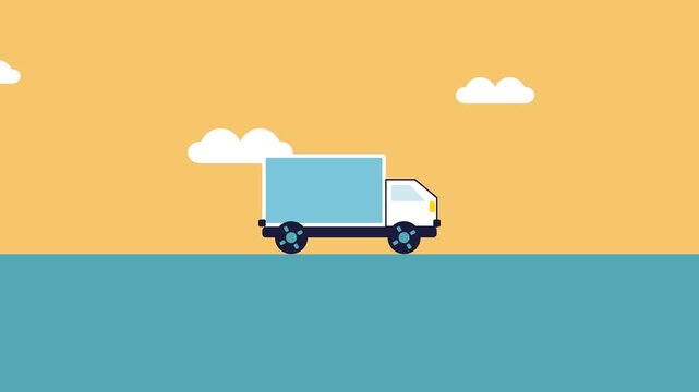 Delivery truck flat vector animation driving across yellow sky and blue ground for logistics service concept.