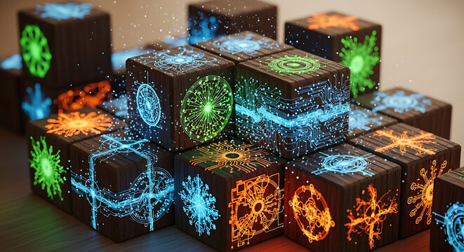 Colorful 3d cubes forming glowing digital pyramid