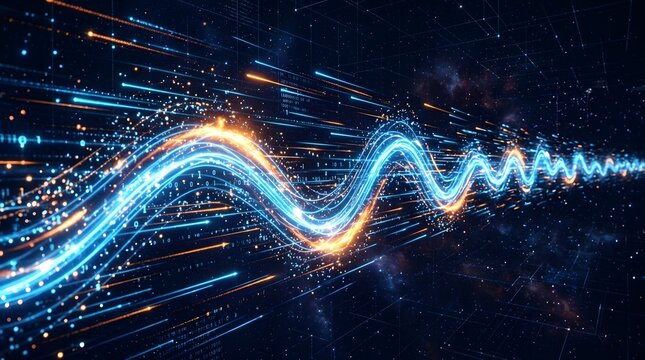 Abstract digital data stream with glowing wave patterns and binary code particles flowing through a futuristic cyberspace network