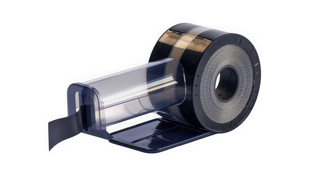 Blue tape dispenser with roll with adhesive tape isolated blue plastic on transparent background