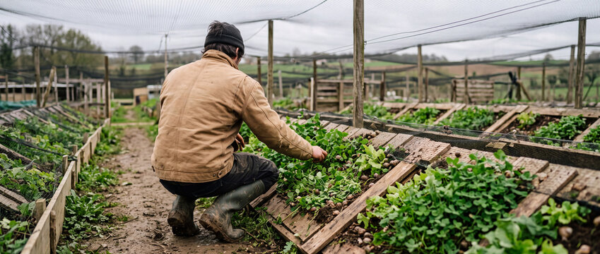 Small-scale farmer tending leafy greens on snail farm under protective netting