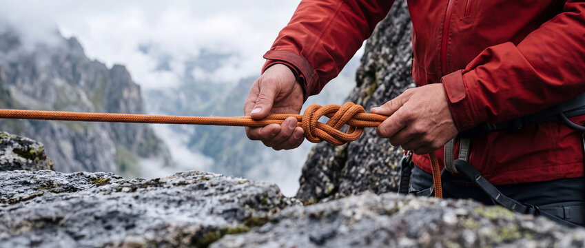 Climber hands tying rope knot on mountain edge showing safety gear and mountaineering teamwork