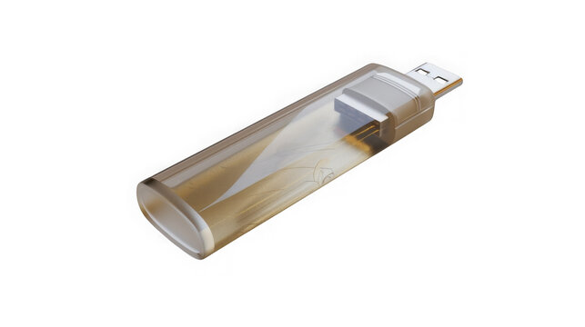 Translucent gold usb flash drive memory storage device on transparent background
