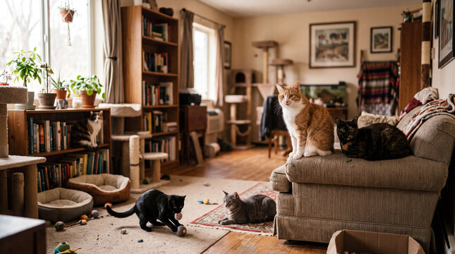 Multiple cats relaxing and playing in cozy home