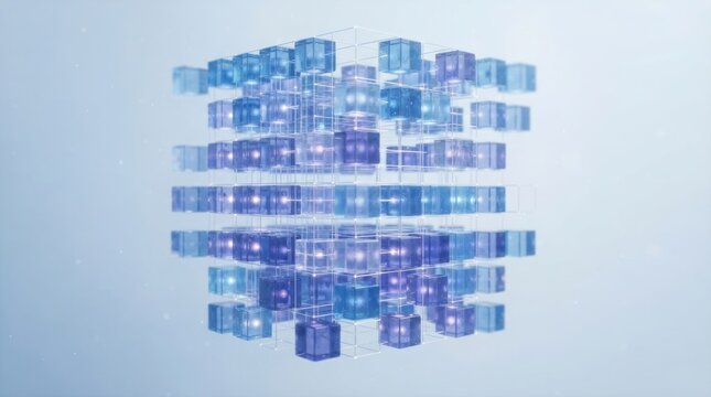 Abstract grid of structured 3D glass cubes.