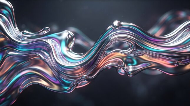 Abstract holographic fluid chrome ribbons in 3D space.