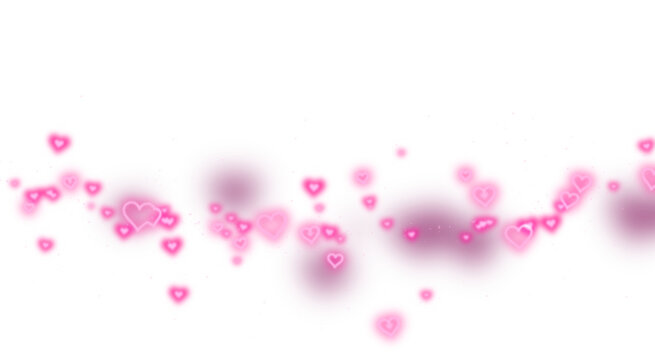 Neon hearts in a scattered arrangement glowing pink and magenta on transparent background heart love