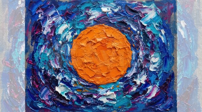 Abstract impasto orange sun blue swirling oil painting.