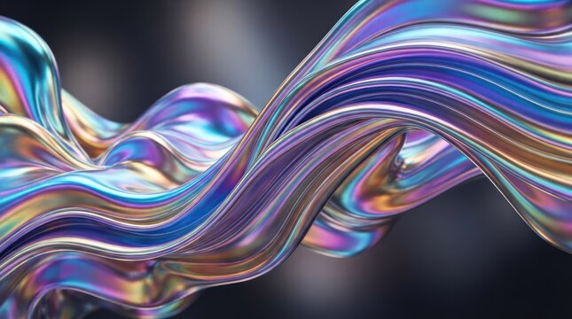Abstract iridescent flowing metallic ribbon 3D render.