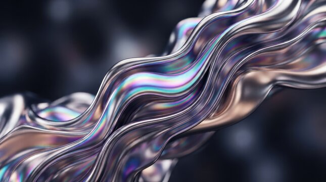 Abstract iridescent liquid chrome waves on dark background.