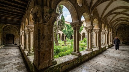 Fototapeta premium Monk walking through arched cloister garden