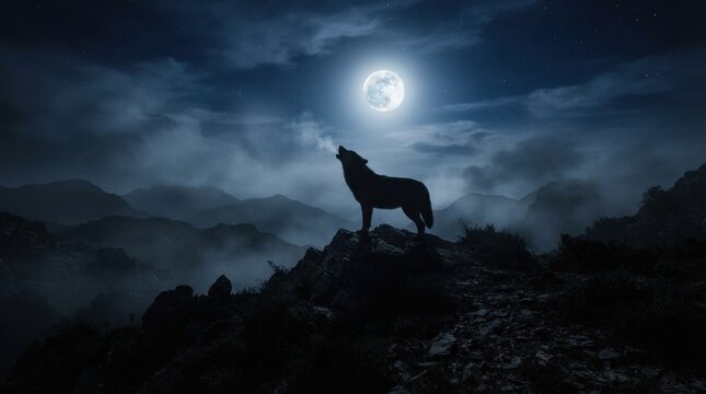 Solitary wolf howling at full moon on rocky hilltop under dark cloudy night sky.