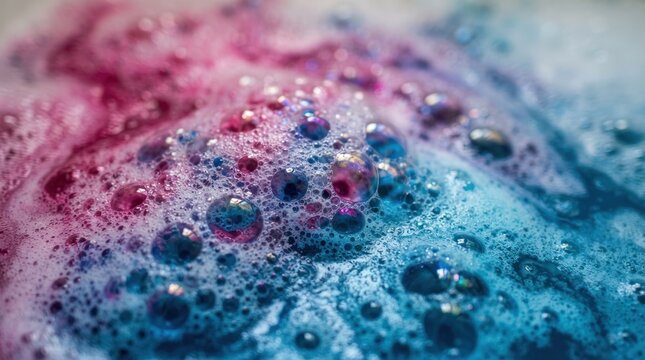 Abstract macro soap bubbles in blue and pink.