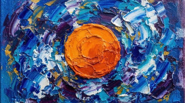 Abstract oil painting with orange sun and blue strokes.