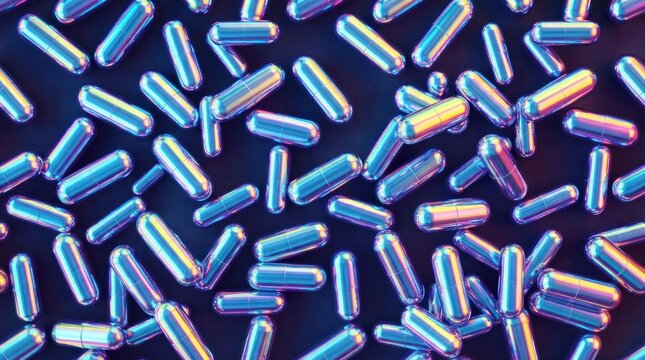 Abstract pattern of metallic iridescent medicine capsules.